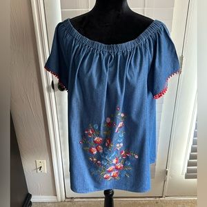 Fun in the Sun Denim Top with Super Cute Embroidered Details and Fringe